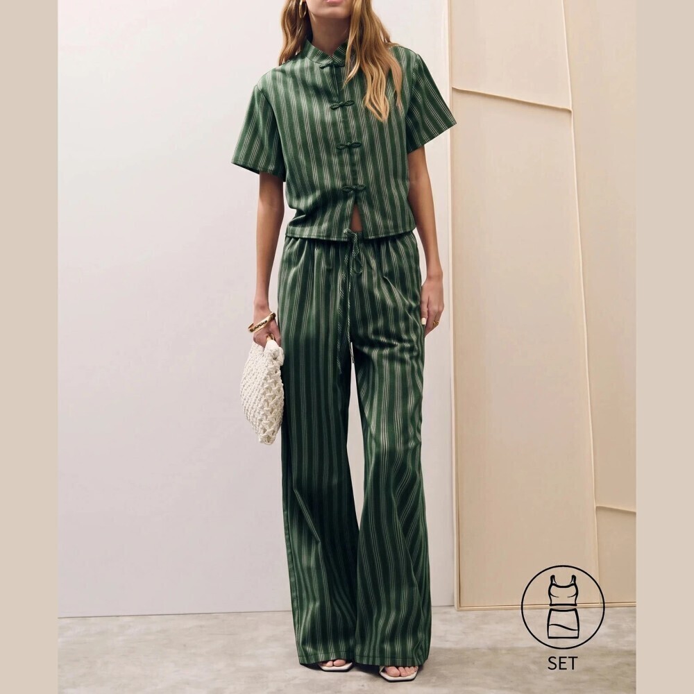 Green Striped Frog Button Stand Collar Top Wide Leg Pants Set